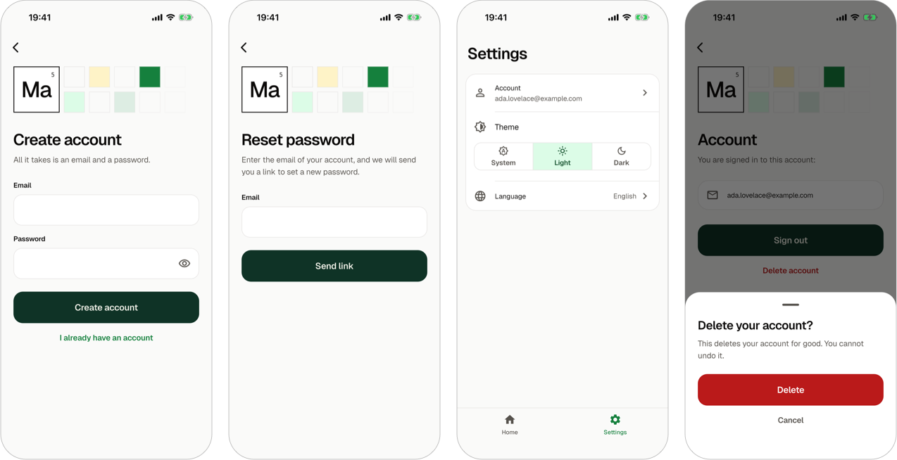 Four more screens of the generated app: the sign-up with the fields Email and Password and the button Create account, the password reset with the button Send link, the settings screen with the row Account above Theme and Language, and the sheet Delete your account? with a red button Delete and Cancel