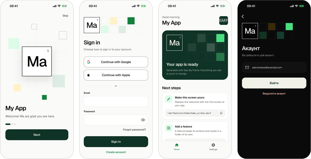 The app that smf create generates, on a phone: the onboarding, the sign-in with Google, Apple and an email address, the start screen, and the account screen in the dark theme and in Ukrainian