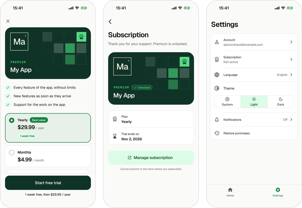 Three screens of the generated app: the paywall with the plans Yearly with the badge Best value and 1 week free, and Monthly, above the button Start free trial; the screen of the subscription with the plan Yearly, the day its trial ends and the button Manage subscription; and the settings screen with the rows Account, Subscription, Language, Theme, Notifications and Restore purchases