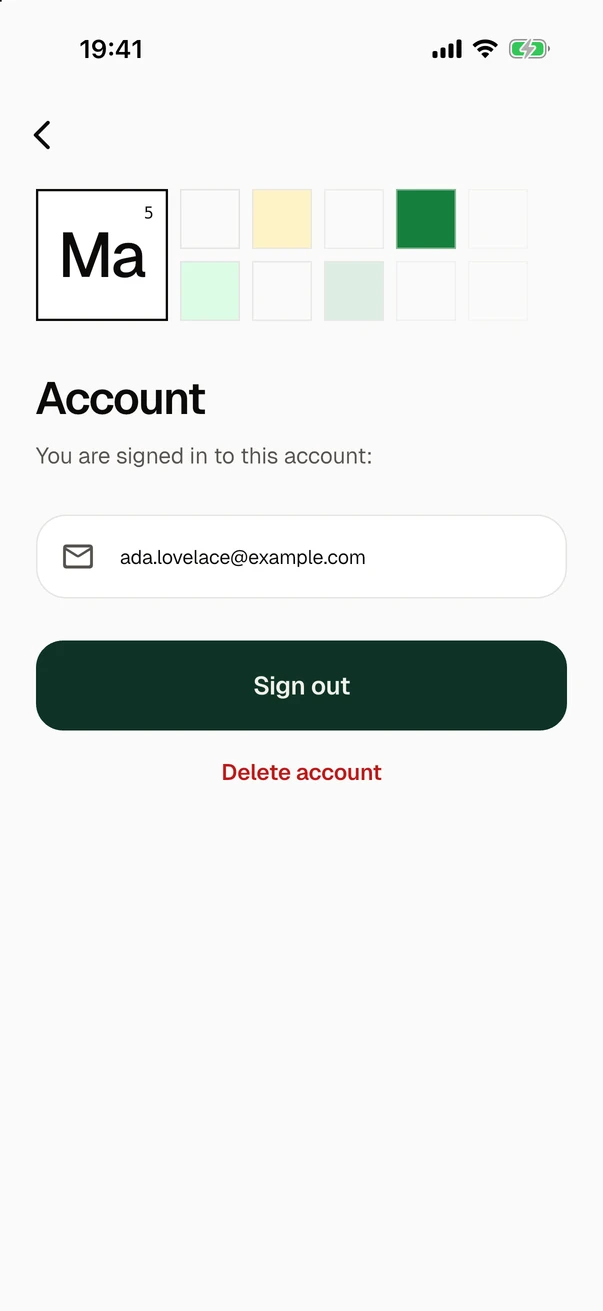 The screen of the account in the light theme: the title Account, the line "You are signed in to this account:", the address ada.lovelace@example.com, the button Sign out and, in red, Delete account.