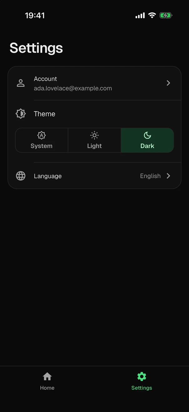 The settings screen in the dark theme: the row Account with the address ada.lovelace@example.com, the theme, with Dark selected among System, Light and Dark, and the language, which is English.
