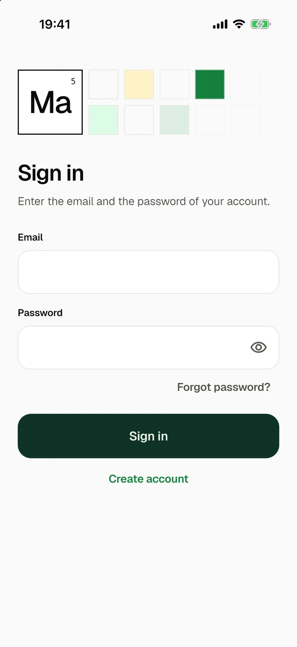 The sign-in in the light theme: the tile with the letters Ma among the cells of a table, the title "Sign in", the fields Email and Password, the link "Forgot password?", the button Sign in and, below it, Create account.