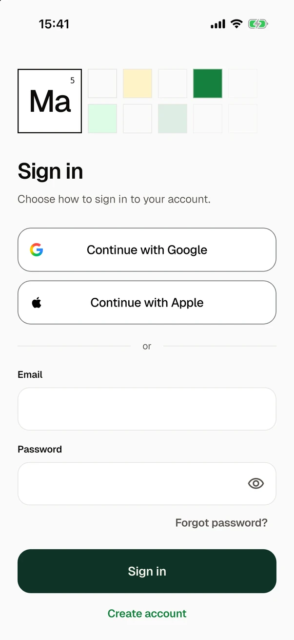 The sign-in in the light theme: the tile with the letters Ma among the cells of a table, the title "Sign in", the buttons Continue with Google and Continue with Apple, then the fields Email and Password, the link "Forgot password?", the button Sign in and, below it, Create account.