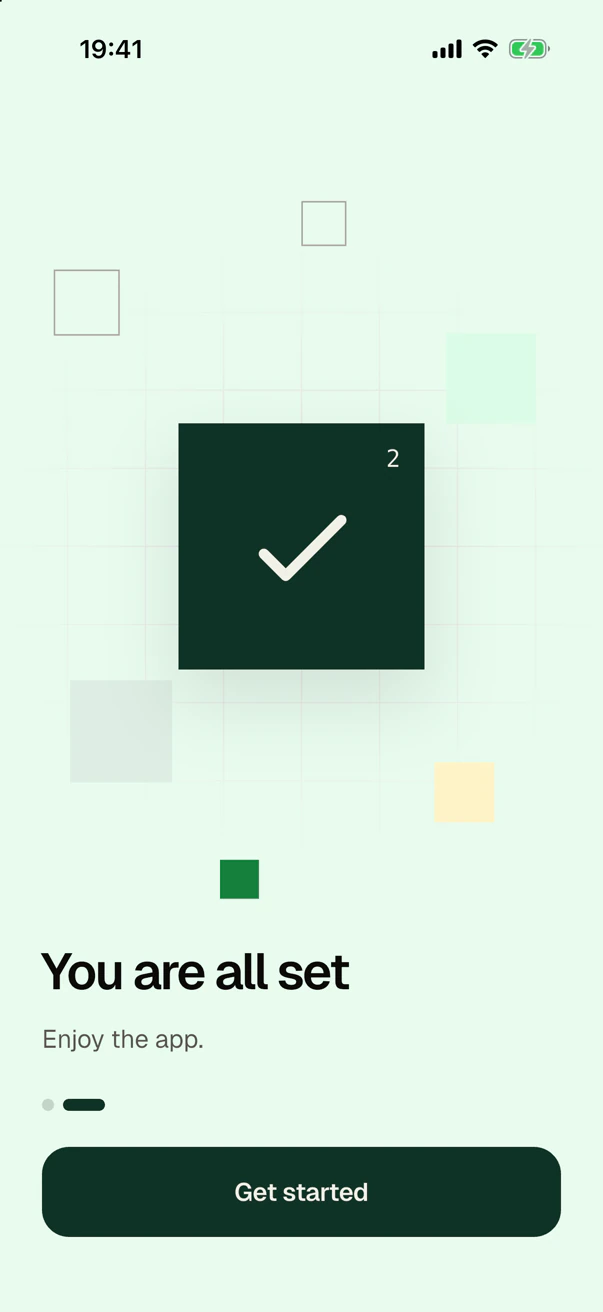 The last page of the onboarding: a dark green tile with a check mark, above the title "You are all set", the line "Enjoy the app." and the button Get started.