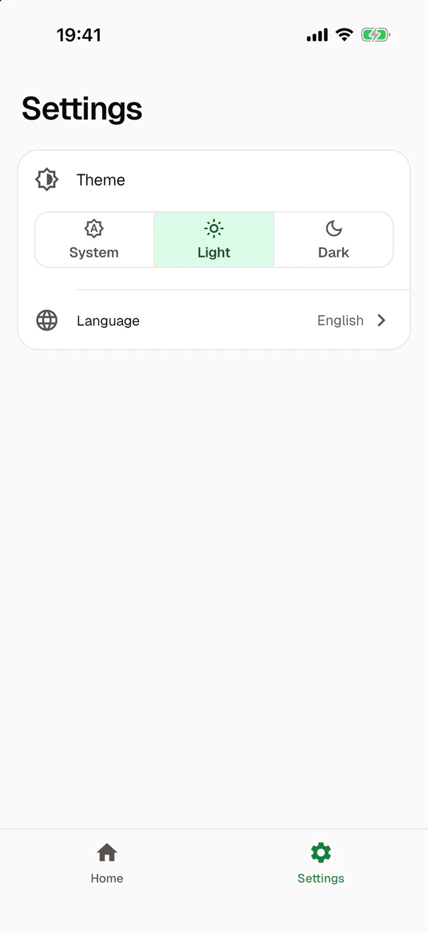 The settings screen in the light theme: the theme, with Light selected among System, Light and Dark, and the language, which is English.
