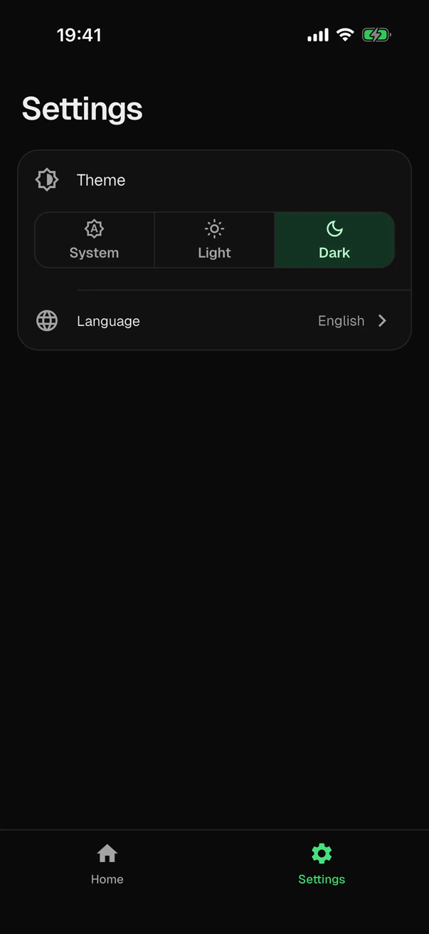 The settings screen in the dark theme: the theme, with Dark selected among System, Light and Dark, and the language, which is English.
